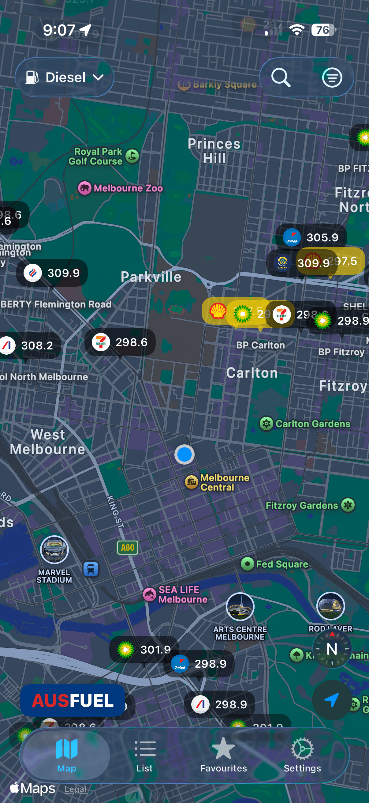 AusFuel map view showing fuel prices in Melbourne