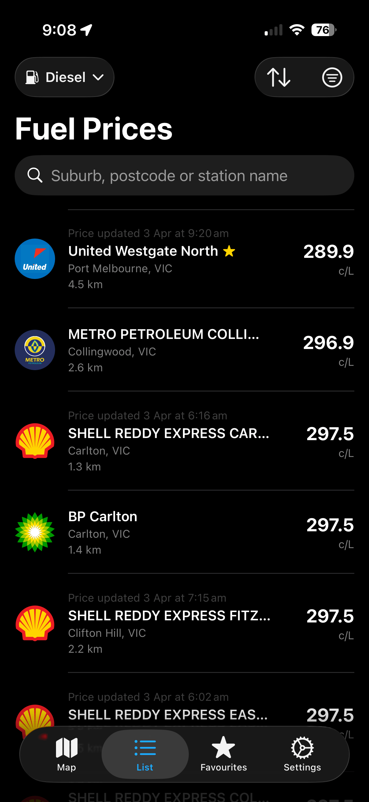 AusFuel list view showing fuel prices sorted by price