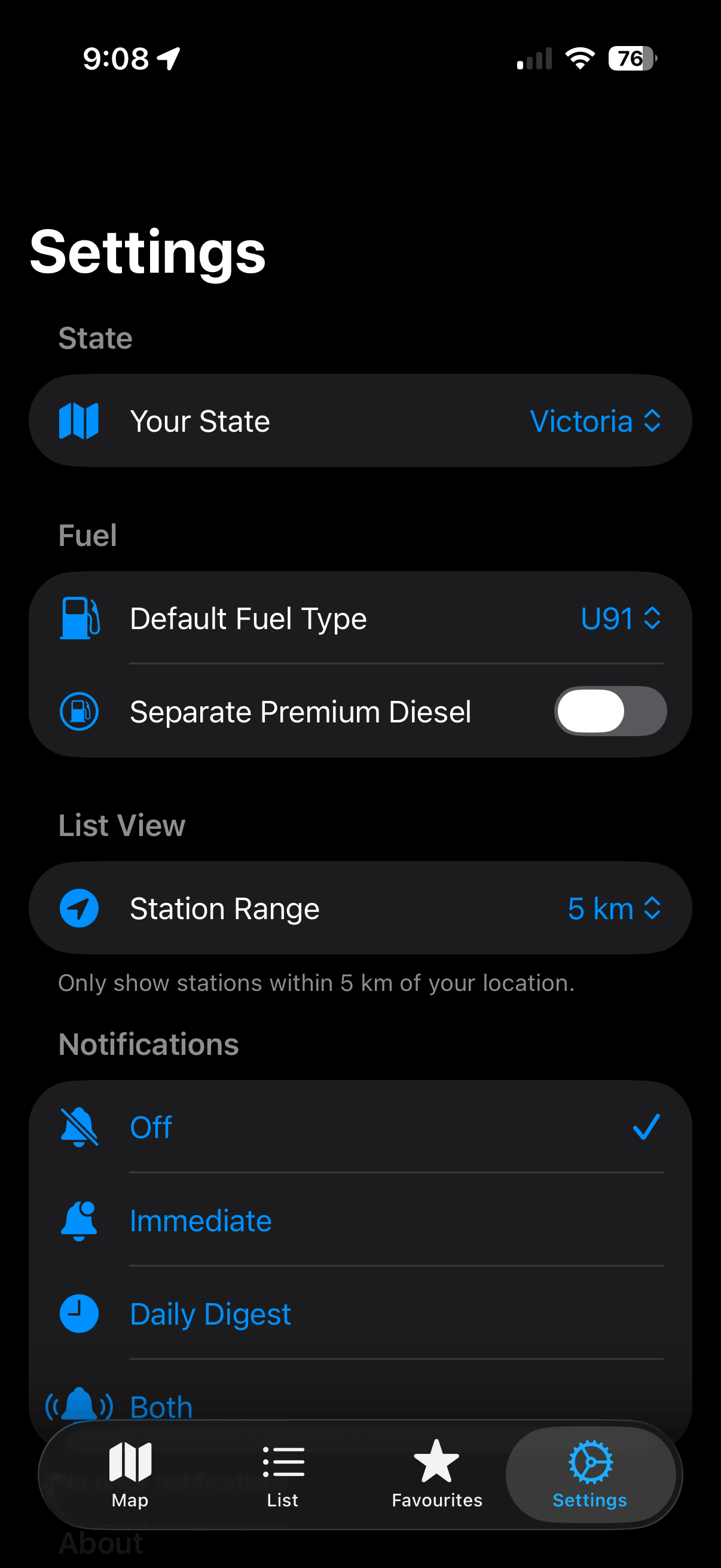 AusFuel settings screen