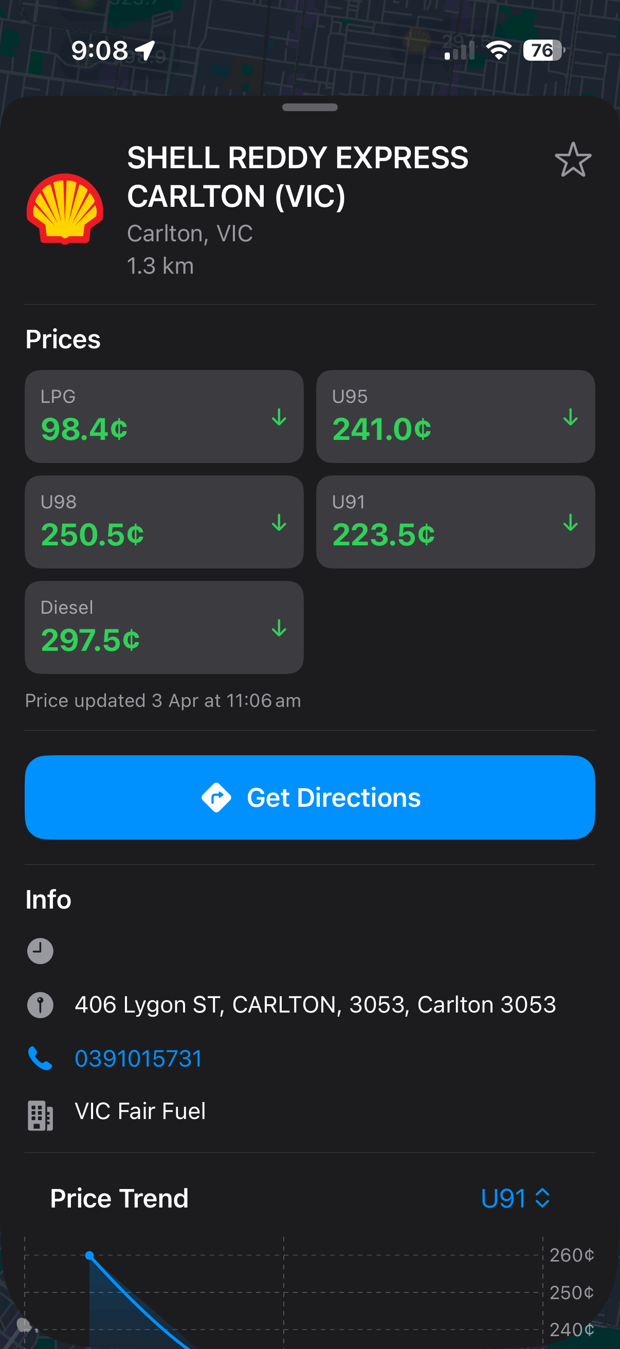 AusFuel station detail with prices and directions