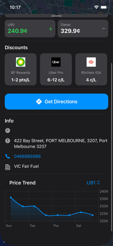 AusFuel station detail showing prices, discounts, and price trend