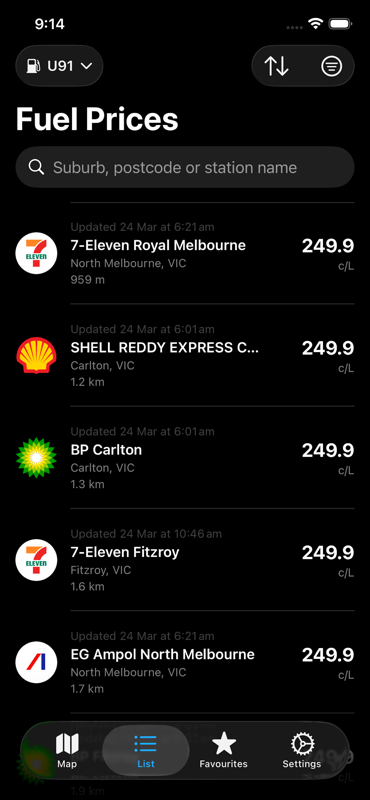 AusFuel list view showing fuel prices sorted by price