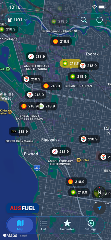 AusFuel map view showing fuel prices in Melbourne