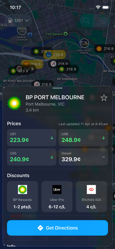 Station preview sheet showing prices and discounts
