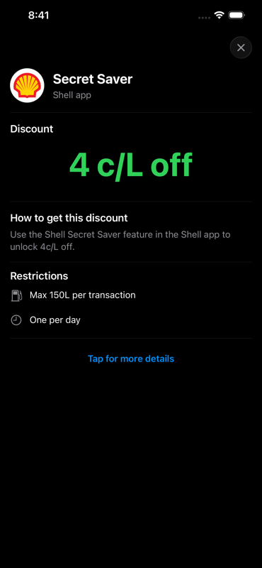 Shell Secret Saver discount detail showing 4 cents per litre off